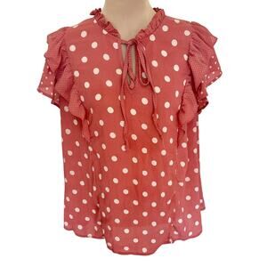 Perch Ruffled Polka Dot Blouse Top Flutter Sleeve Boho Cottage Dusty Coral  2X